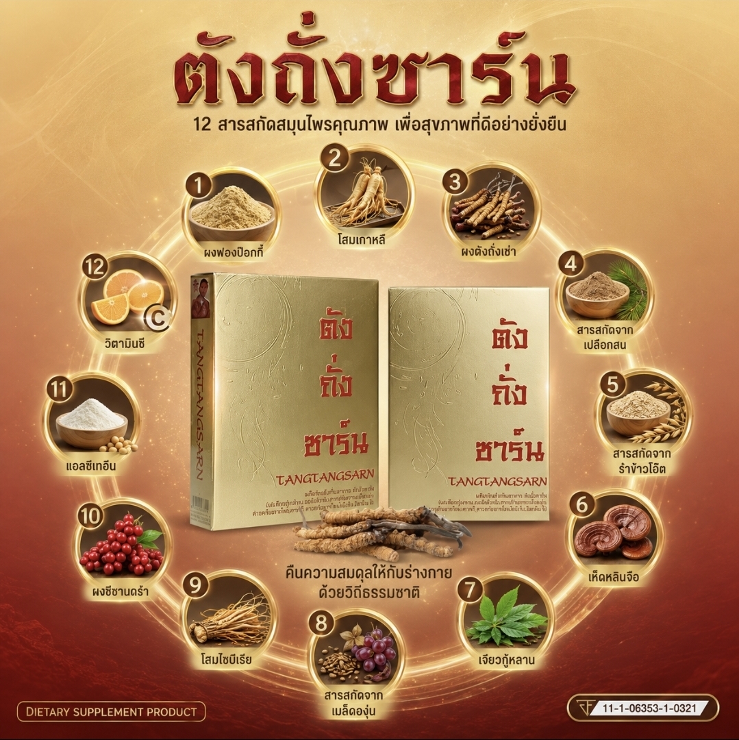 ส่วนประกอบ ตังถั่งซาร์น สมุนไพรแห่งความหวัง ตังถั่งซาร์น (TangTangSarn)  ผลิตภัณฑ์เสริมอาหารจากสารสกัดสมุนไพรและสารอาหารคุณภาพ 12 ชนิด  ตังถั่งซาร์น คัดสรรสารสกัดจากสมุนไพรและสารอาหารที่ได้รับความนิยมในการดูแลสุขภาพจากหลายประเทศทั่วโลก ผสานคุณค่าจากธรรมชาติ เพื่อช่วยเสริมสร้างความสมดุลของร่างกาย ดูแลสุขภาพโดยรวม และสนับสนุนการใช้ชีวิตในทุกวัน  ---  1. ผงฟองป๊อกกี้ (Poria Cocos Powder)  ฟองป๊อกกี้เป็นเห็ดสมุนไพรที่ใช้ในศาสตร์การแพทย์แผนจีนมาอย่างยาวนาน  คุณประโยชน์  - ช่วยส่งเสริมความสมดุลของร่างกาย - ช่วยสนับสนุนการทำงานของระบบทางเดินอาหาร - ช่วยให้ร่างกายรู้สึกผ่อนคลาย - มีสารสำคัญจากธรรมชาติที่ช่วยดูแลสุขภาพโดยรวม  ---  2. โสมเกาหลี (Korean Ginseng)  โสมเกาหลีเป็นสมุนไพรที่ได้รับการยอมรับทั่วโลกในด้านการบำรุงร่างกาย  คุณประโยชน์  - ช่วยเพิ่มความสดชื่นและพลังงานให้ร่างกาย - ช่วยลดความอ่อนล้าจากการทำงานหนัก - สนับสนุนระบบภูมิคุ้มกัน - ช่วยเสริมสมรรถภาพร่างกายและจิตใจ  ---  3. ผงตังถั่งเช่า (Cordyceps Powder)  สมุนไพรล้ำค่าที่ได้รับความนิยมในประเทศจีนและทิเบต  คุณประโยชน์  - ช่วยเพิ่มความแข็งแรงของร่างกาย - ช่วยสนับสนุนการทำงานของระบบทางเดินหายใจ - ช่วยลดความเหนื่อยล้า - ส่งเสริมการฟื้นตัวของร่างกาย  ---  4. สารสกัดจากเปลือกสน (Pine Bark Extract)  อุดมไปด้วยสารต้านอนุมูลอิสระจากธรรมชาติ  คุณประโยชน์  - ช่วยปกป้องเซลล์จากอนุมูลอิสระ - สนับสนุนสุขภาพหลอดเลือด - ช่วยเสริมการไหลเวียนโลหิต - ช่วยดูแลสุขภาพผิวพรรณ  ---  5. สารสกัดจากรำข้าวโอ๊ต (Oat Bran Extract)  แหล่งของใยอาหารและสารอาหารที่มีประโยชน์  คุณประโยชน์  - ช่วยส่งเสริมสุขภาพทางเดินอาหาร - ช่วยให้อิ่มนาน - สนับสนุนการดูแลสุขภาพหัวใจ - ช่วยส่งเสริมการรับประทานอาหารอย่างสมดุล  ---  6. เห็ดหลินจือ (Reishi Mushroom)  สมุนไพรที่ได้รับการยกย่องว่าเป็น "ราชาแห่งสมุนไพร"  คุณประโยชน์  - ช่วยเสริมสร้างภูมิคุ้มกัน - ช่วยให้ร่างกายผ่อนคลาย - สนับสนุนสุขภาพโดยรวม - ช่วยส่งเสริมการพักผ่อนที่มีคุณภาพ  ---  7. เจียวกู้หลาน (Jiaogulan)  สมุนไพรที่มีชื่อเสียงด้านการดูแลสุขภาพและความแข็งแรงของร่างกาย  คุณประโยชน์  - ช่วยส่งเสริมระบบไหลเวียนโลหิต - ช่วยดูแลสุขภาพหัวใจ - มีสารต้านอนุมูลอิสระตามธรรมชาติ - ช่วยเพิ่มความสมดุลของร่างกาย  ---  8. สารสกัดจากเมล็ดองุ่น (Grape Seed Extract)  อุดมด้วยสาร OPCs ซึ่งเป็นสารต้านอนุมูลอิสระที่สำคัญ  คุณประโยชน์  - ช่วยปกป้องเซลล์จากความเสื่อม - สนับสนุนสุขภาพหลอดเลือด - ช่วยดูแลผิวพรรณให้ดูอ่อนเยาว์ - ช่วยลดผลกระทบจากอนุมูลอิสระ  ---  9. โสมไซบีเรีย (Siberian Ginseng)  สมุนไพรที่นิยมใช้เพื่อเสริมความแข็งแรงและความทนทานของร่างกาย  คุณประโยชน์  - ช่วยเพิ่มความกระปรี้กระเปร่า - ช่วยรับมือกับความเครียดในชีวิตประจำวัน - สนับสนุนสมรรถภาพทางร่างกาย - ช่วยเสริมพลังงานและความอึด  ---  10. ผงชีซานดร้า (Schisandra Powder)  ผลไม้สมุนไพรที่ได้รับความนิยมในเอเชียตะวันออก  คุณประโยชน์  - ช่วยส่งเสริมการทำงานของร่างกายโดยรวม - ช่วยเพิ่มความสดชื่น - สนับสนุนสุขภาพตับ - ช่วยให้ร่างกายปรับตัวต่อความเครียดได้ดีขึ้น  ---  11. แอล-ซีเทอีน (L-Cysteine)  กรดอะมิโนที่มีบทบาทสำคัญต่อการสร้างกลูตาไธโอนในร่างกาย  คุณประโยชน์  - ช่วยเสริมกระบวนการต้านอนุมูลอิสระ - สนับสนุนการทำงานของเซลล์ - ช่วยดูแลสุขภาพผิว - ส่งเสริมสุขภาพโดยรวม  ---  12. วิตามินซี (Vitamin C)  วิตามินสำคัญที่ร่างกายไม่สามารถสร้างเองได้  คุณประโยชน์  - ช่วยเสริมการทำงานของระบบภูมิคุ้มกัน - ช่วยในการสร้างคอลลาเจน - เป็นสารต้านอนุมูลอิสระ - ช่วยดูดซึมธาตุเหล็กได้ดีขึ้น  ---  จุดเด่นของ TangTangSarn  ✅ รวมสารสกัดสมุนไพรและสารอาหารคุณภาพ 12 ชนิด  ✅ อุดมด้วยสารต้านอนุมูลอิสระจากธรรมชาติ  ✅ ช่วยส่งเสริมภูมิคุ้มกันและสุขภาพโดยรวม  ✅ ช่วยลดความอ่อนล้าและเพิ่มความสดชื่น  ✅ ช่วยดูแลสุขภาพหัวใจและระบบไหลเวียนโลหิต  ✅ ช่วยสนับสนุนการพักผ่อนและการฟื้นตัวของร่างกาย  คำเตือน: ผลิตภัณฑ์เสริมอาหารไม่มีผลในการป้องกันหรือรักษาโรค ควรรับประทานอาหารให้หลากหลายครบ 5 หมู่ในสัดส่วนที่เหมาะสมเป็นประจำ